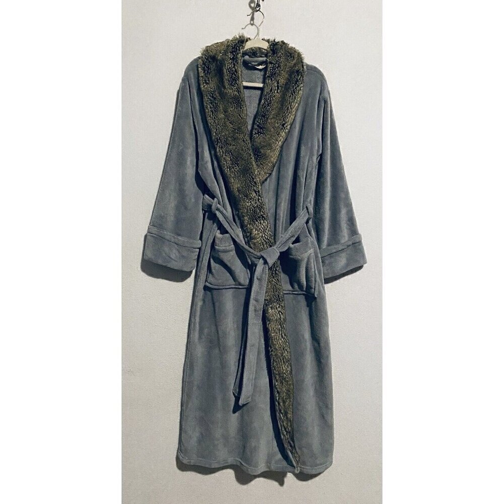 Soft Surroundings Robe Womens Large Gray Plush Faux Fur Belted Cozy Loungewear